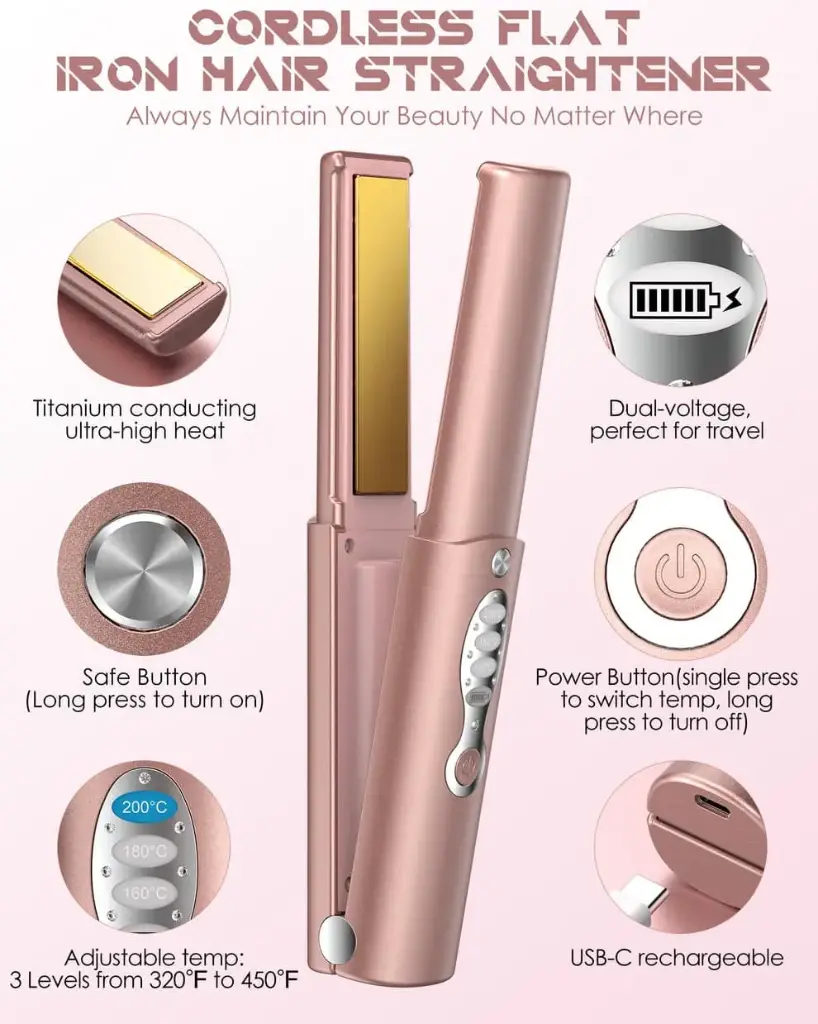 Cordless Hair Straightener and Curler 2 in 1, Heats Up to 200°C in Seconds & Lasts Up to 40 Minutes, Portable Mini Travel Flat Iron Hair