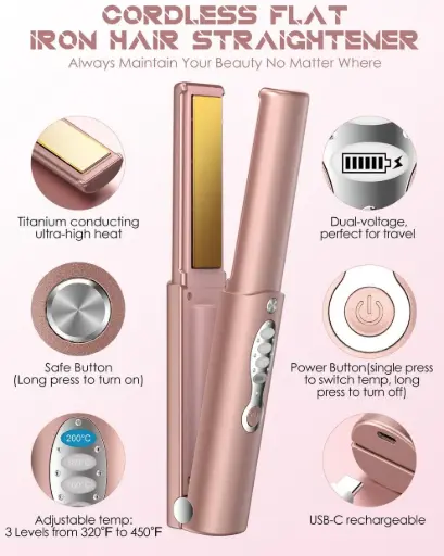 Cordless Hair Straightener and Curler 2 in 1, Heats Up to 200°C in Seconds & Lasts Up to 40 Minutes, Portable Mini Travel Flat Iron Hair